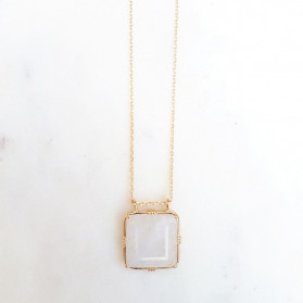Collier pendentif carré pierre sertie - Labradorite blanche