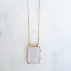 Collier pendentif rectangle pierre sertie - Labradorite blanche