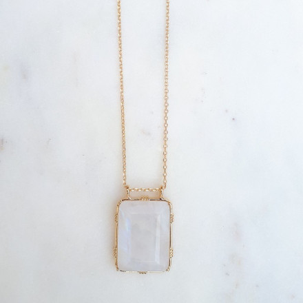 Collier pendentif rectangle pierre sertie en Labradorite blanche par au fil de lo